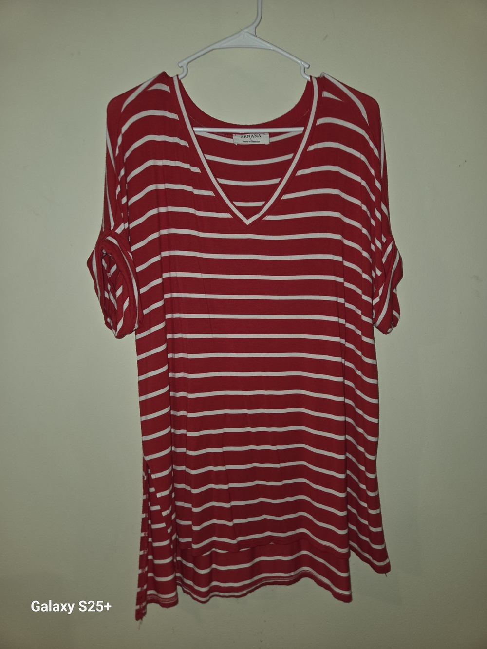 Zenana Outfitters Red & White Striped V-Neck Roll-Sleeve Tunic